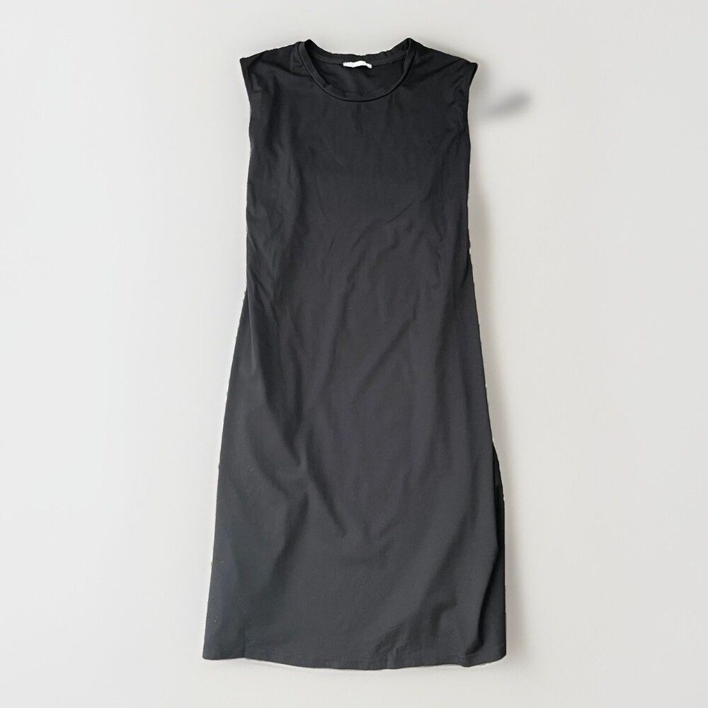 T.S Black Midi Dress Stretch Cinch Back Size S Sleeveless Minimal Classic